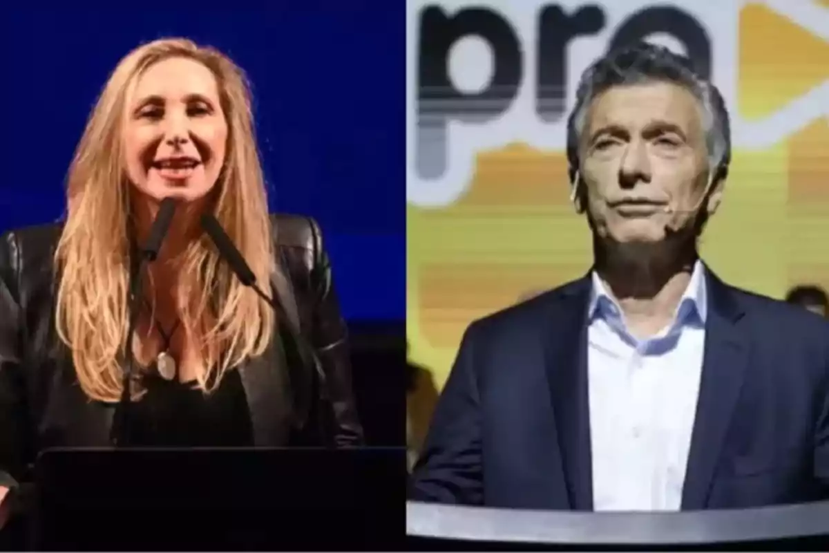 Dos personas de pie hablando en un escenario, una mujer a la izquierda con fondo azul y un hombre a la derecha con fondo amarillo y letras desenfocadas.