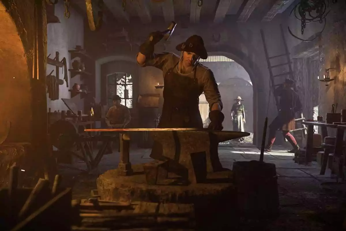 A blacksmith works in a medieval forge while other people carry out different activities in the workshop, illuminated by the light coming through the window and the door. A blacksmith works in a medieval forge while other people carry out different activities in the workshop, illuminated by the light coming through the window and the door.
