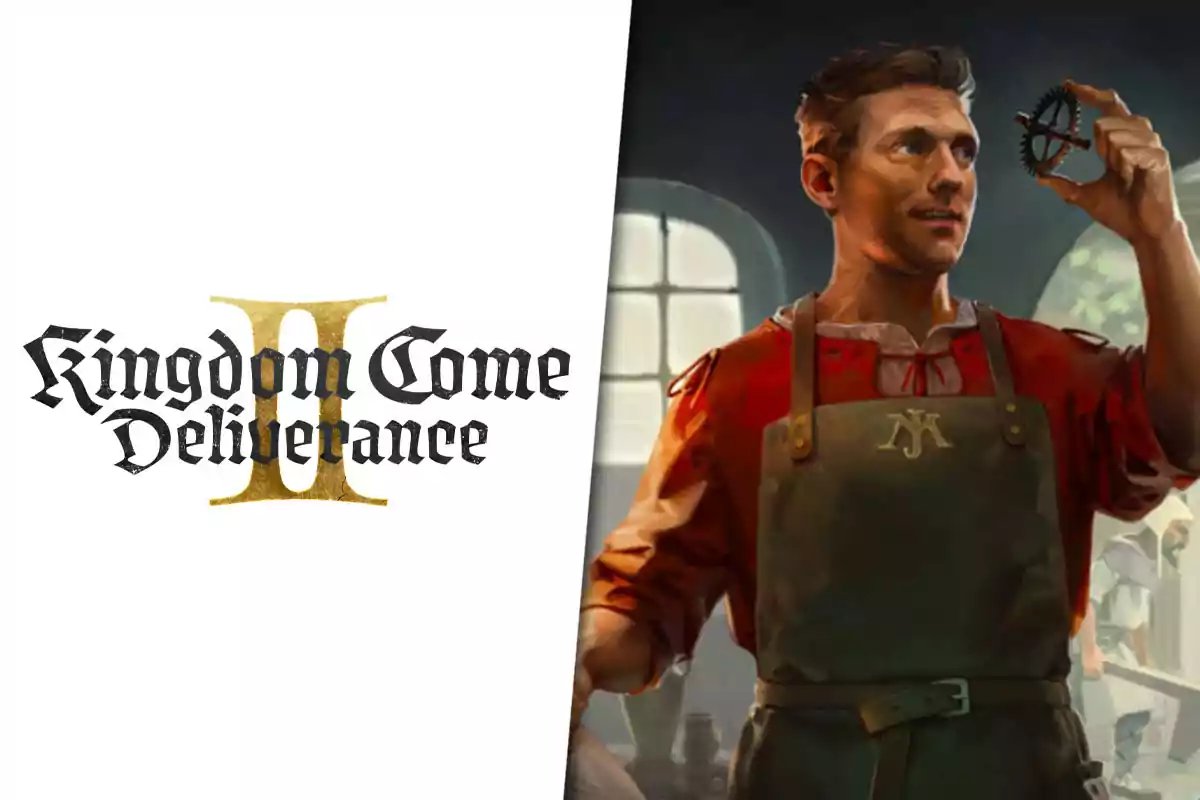 Kingdom Come Deliverance II logo next to a male character wearing an apron, observing a mechanical piece in a well-lit room