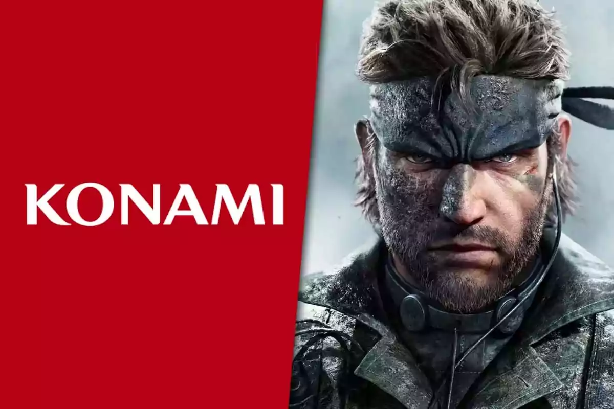Konami logo next to the face of a video game character with a headband and a serious expression