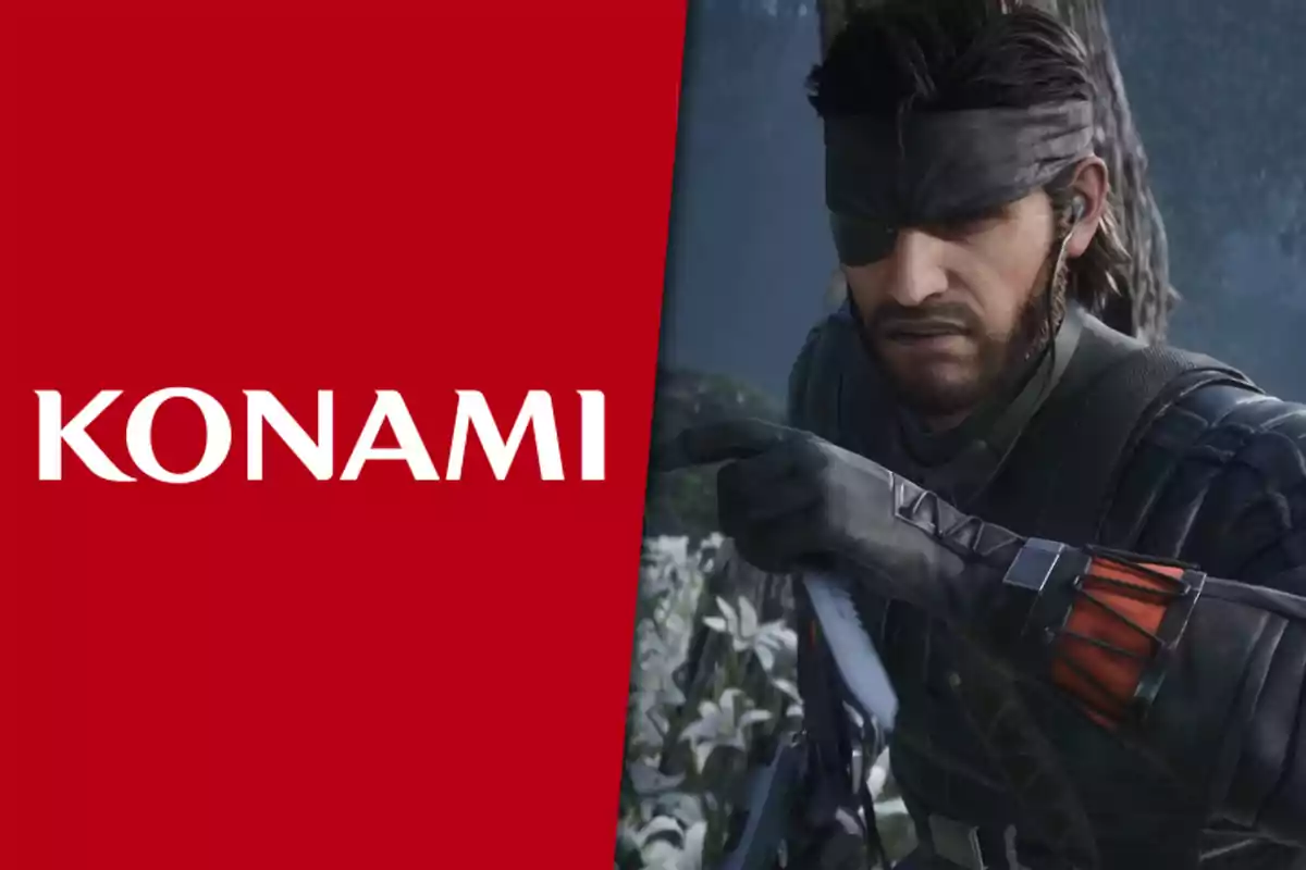 Konami logo next to a video game character with an eye patch and tactical outfit in a natural environment