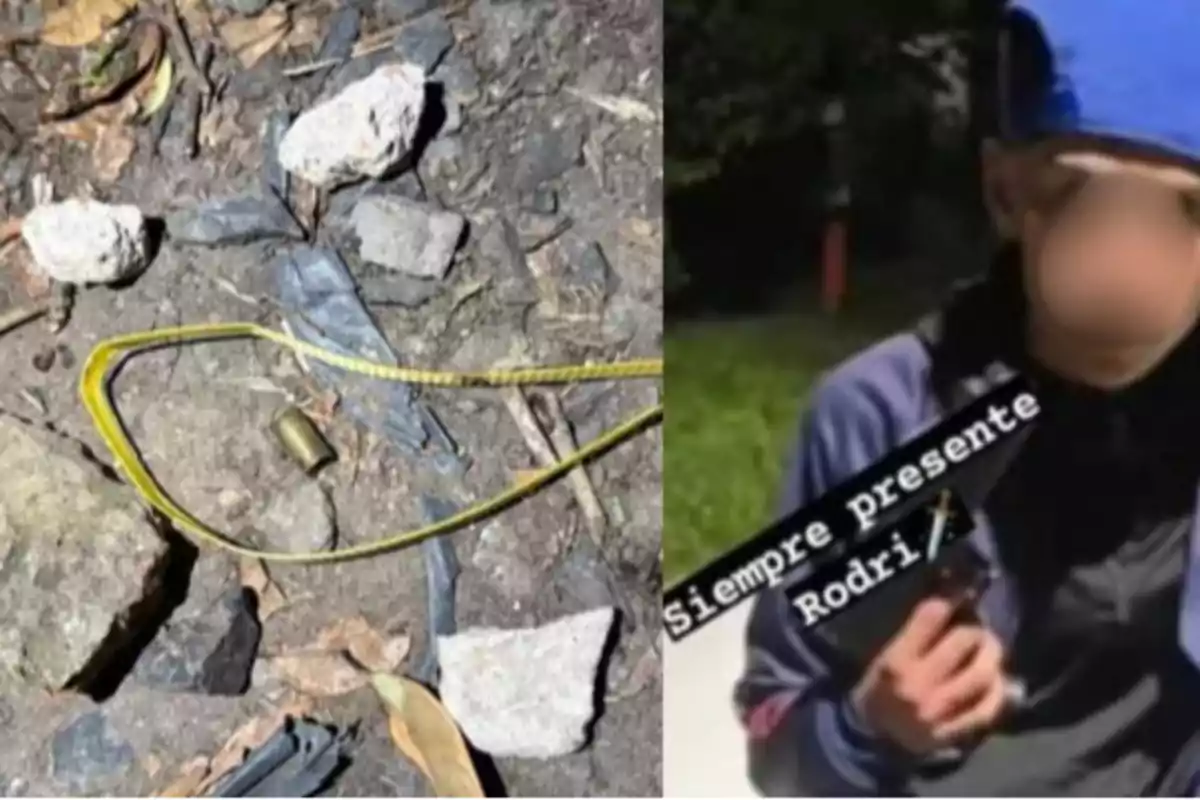 In the image, a bullet casing can be seen on the ground next to stones and a yellow zip tie; on the right side, there is a person with a blurred face holding an object and a text that says In the image, a bullet casing can be seen on the ground next to stones and a yellow zip tie; on the right side, there is a person with a blurred face holding an object and a text that says
