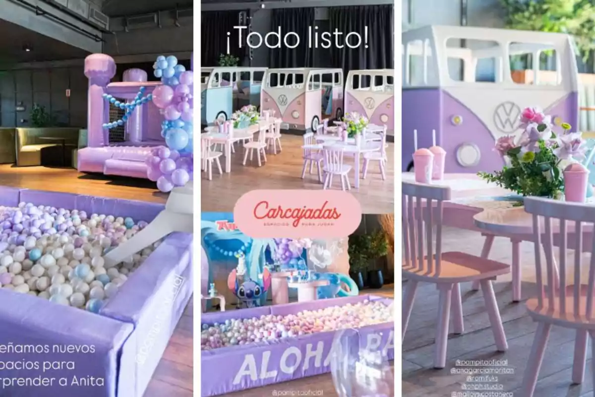 Fiesta infantil decorada en tonos pastel con una alberca de pelotas, inflables, mesas y sillas pequeñas, flores y una decoración temática de combis y globos Fiesta infantil decorada en tonos pastel con una alberca de pelotas, inflables, mesas y sillas pequeñas, flores y una decoración temática de combis y globos