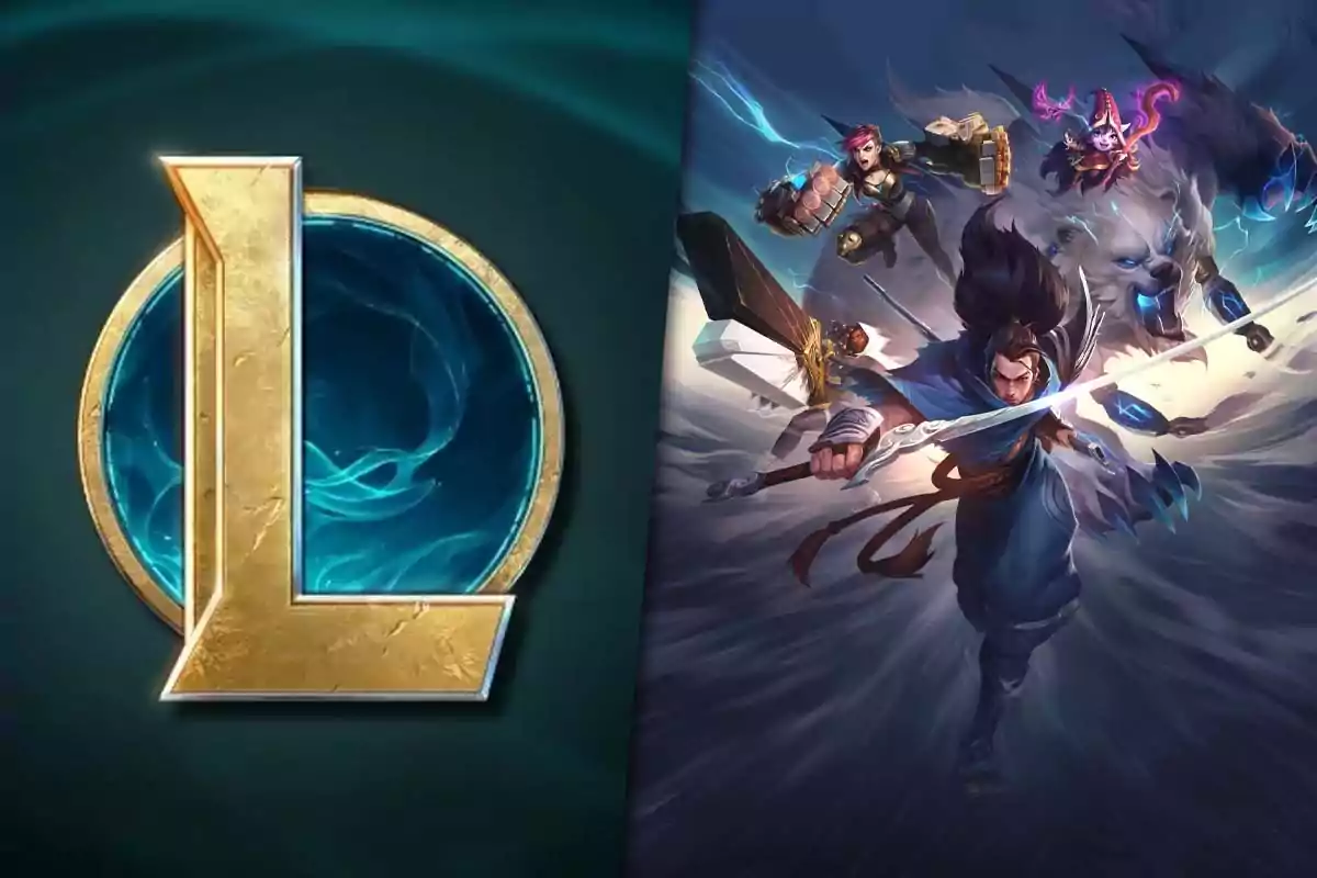 Golden League of Legends logo on the left and several video game characters in action on the right