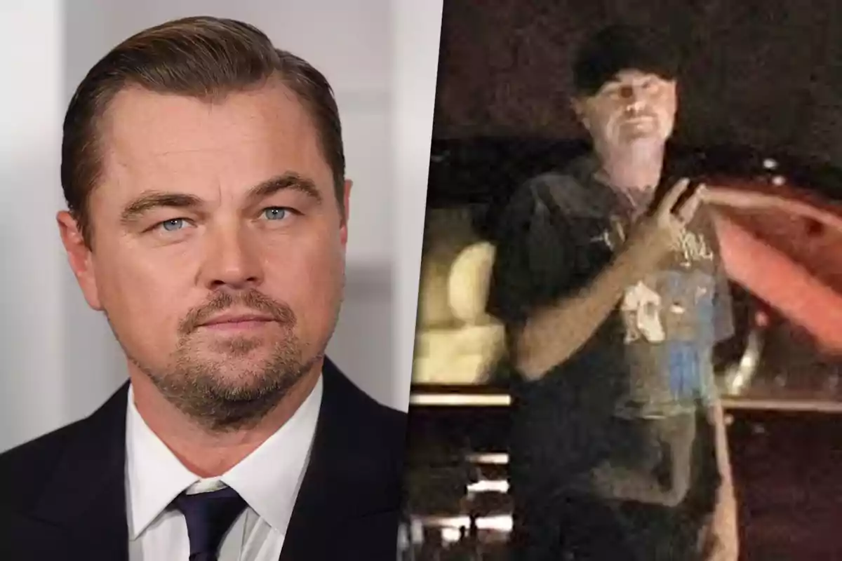 Two side-by-side photos show a man in a suit with a serious expression and another person wearing a cap and a dark t-jersey making a peace sign with their hand.