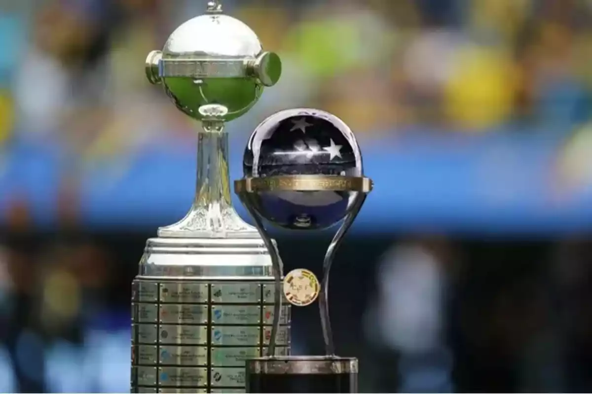 Two South American soccer trophies on a table with a blurred background