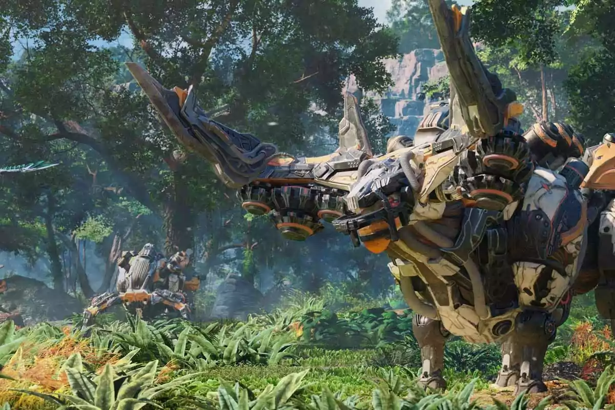 Dos criaturas robóticas con forma de dinosaurio se encuentran en un entorno selvático lleno de vegetación y árboles altos Dos criaturas robóticas con forma de dinosaurio se encuentran en un entorno selvático lleno de vegetación y árboles altos