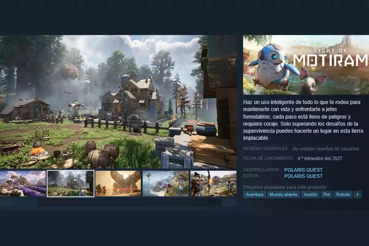 Captura de pantalla de la página de un videojuego en Steam mostrando un entorno de aldea en un bosque, con casas de madera, vegetación, un globo aerostático y una fogata, junto a la descripción y etiquetas del juego Light of Motiram Captura de pantalla de la página de un videojuego en Steam mostrando un entorno de aldea en un bosque, con casas de madera, vegetación, un globo aerostático y una fogata, junto a la descripción y etiquetas del juego Light of Motiram