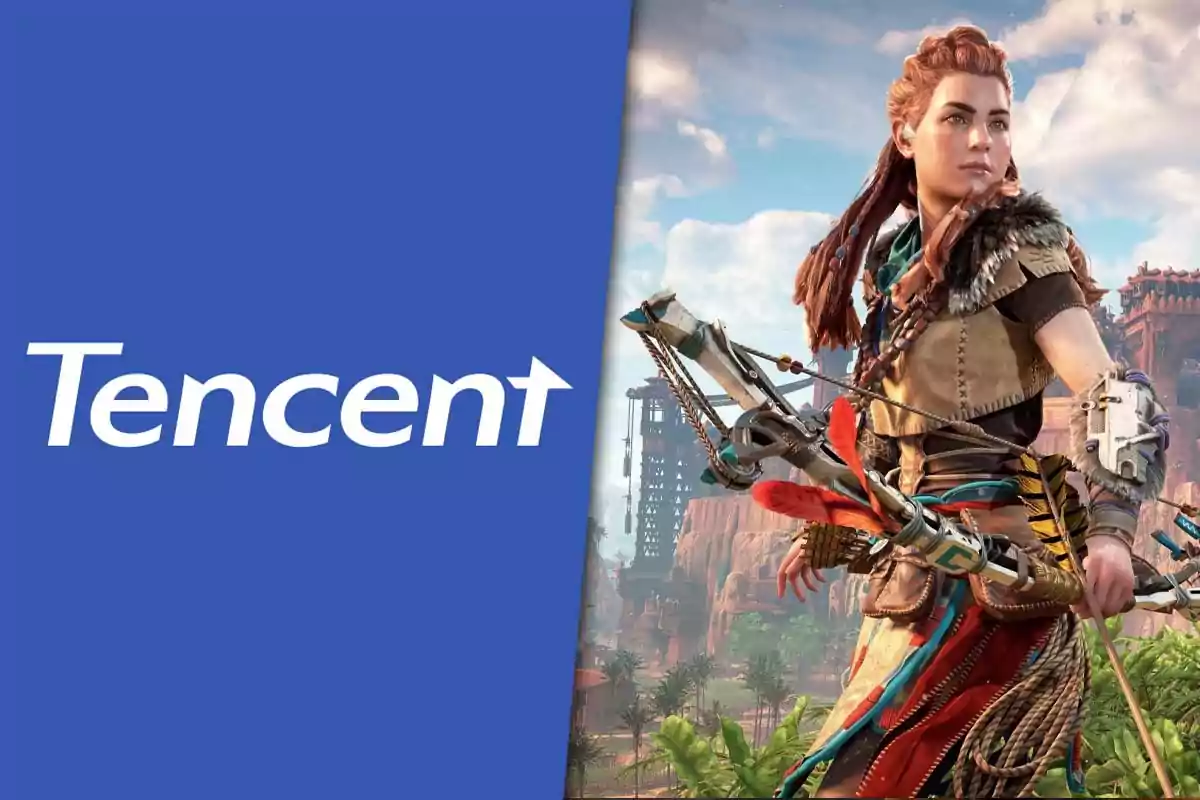 Logotipo de Tencent junto a una imagen de un personaje femenino de videojuego con un arco en un entorno natural