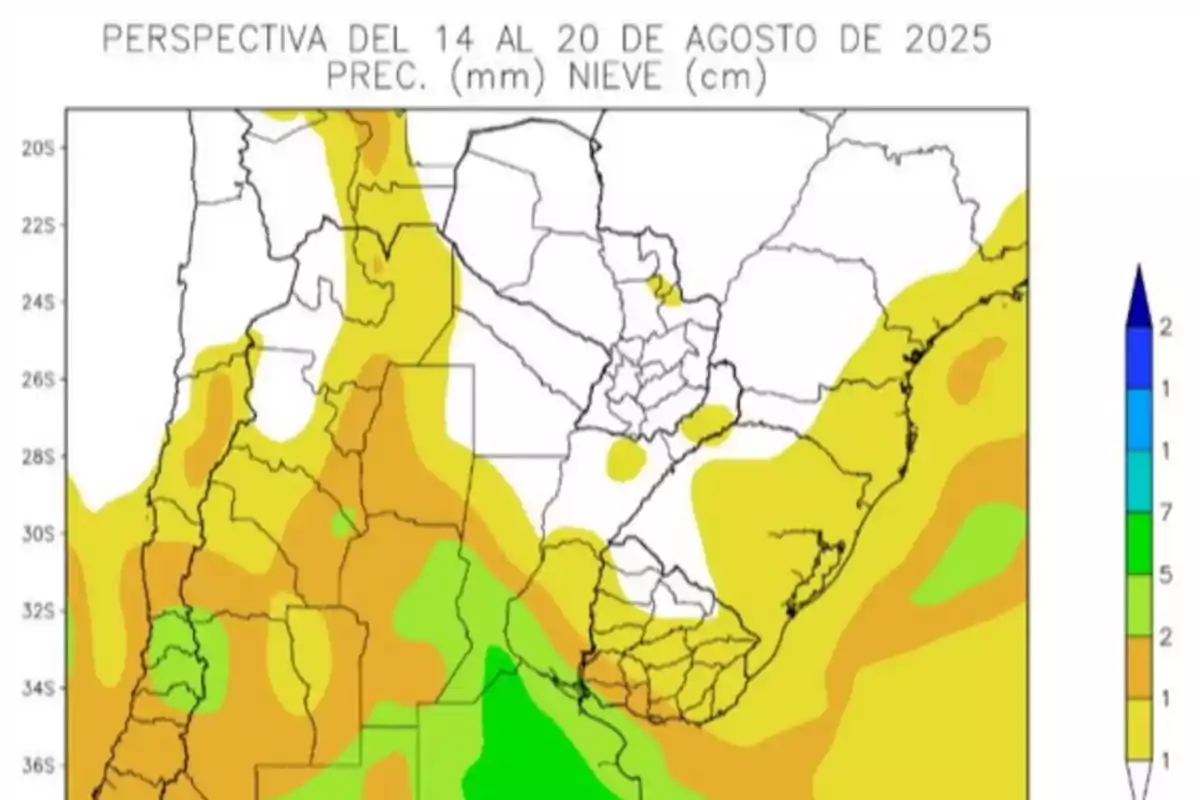 Map of South America with precipitation and snow forecast for the week of August 14 to 20, 2025, using a color scale to indicate expected levels Map of South America with precipitation and snow forecast for the week of August 14 to 20, 2025, using a color scale to indicate expected levels