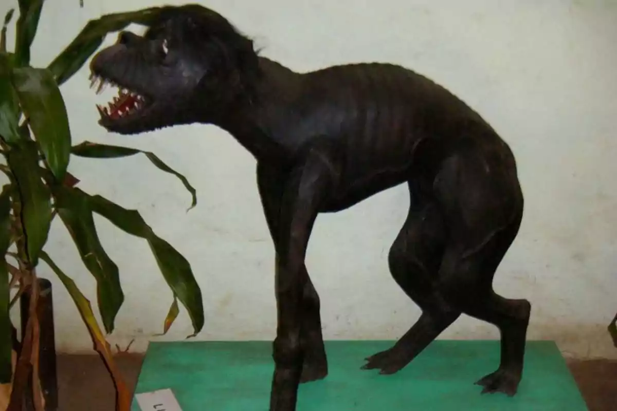Figure of a dark, slender animal with a terrifying appearance and exposed sharp teeth on a green base next to a plant Figure of a dark, slender animal with a terrifying appearance and exposed sharp teeth on a green base next to a plant