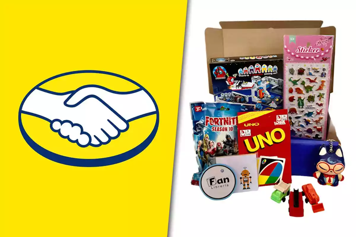 Logo de Mercado Libre junto a una caja de juguetes y artículos variados como cartas UNO, stickers, un llavero y figuras de colección