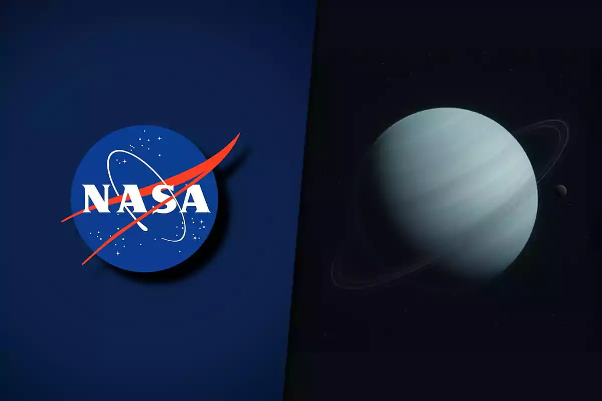 NASA logo next to an illustration of the planet Uranus with its rings in space