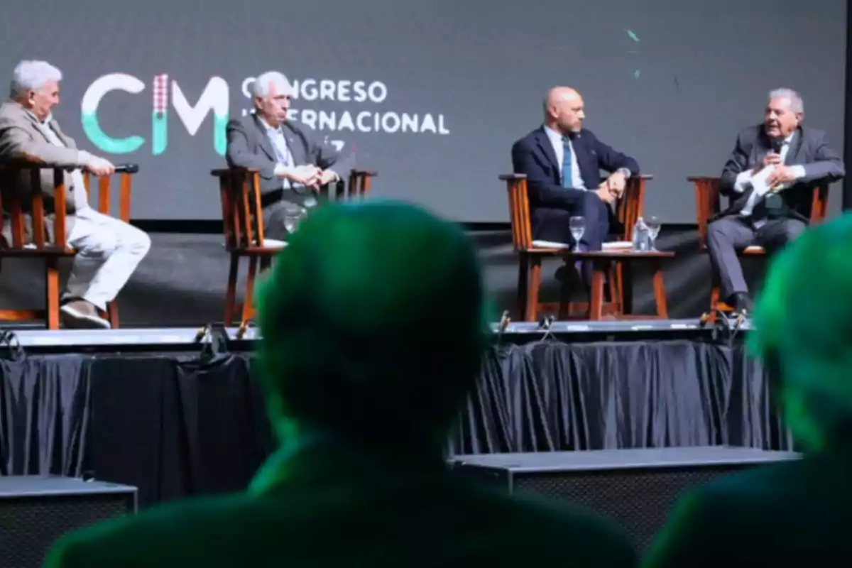 Four men sitting on wooden chairs are talking on a stage during an international conference while two people watch from the audience. Four men sitting on wooden chairs are talking on a stage during an international conference while two people watch from the audience.