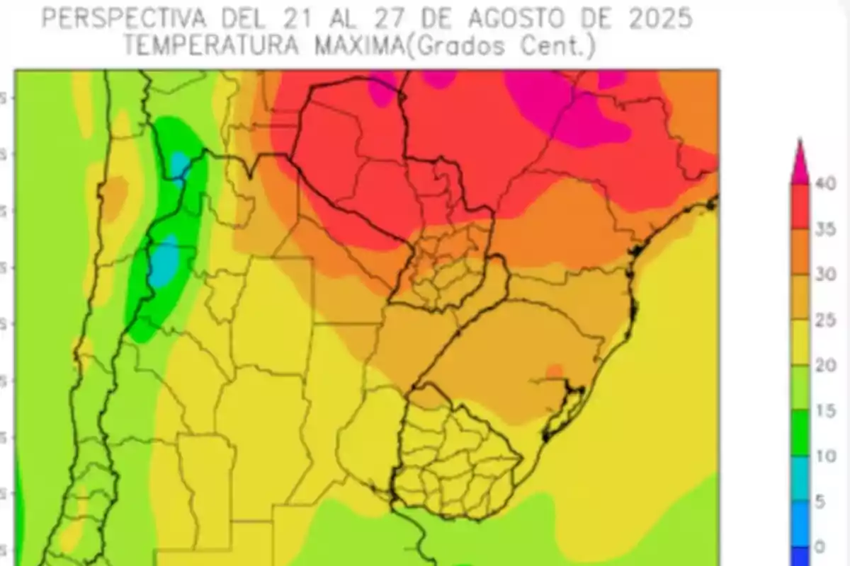 Mapa de Sudamérica con una escala de colores que representa las temperaturas máximas previstas para la semana del 21 al 27 de agosto de 2025 mostrando valores más altos en el norte y centro del continente Mapa de Sudamérica con una escala de colores que representa las temperaturas máximas previstas para la semana del 21 al 27 de agosto de 2025 mostrando valores más altos en el norte y centro del continente