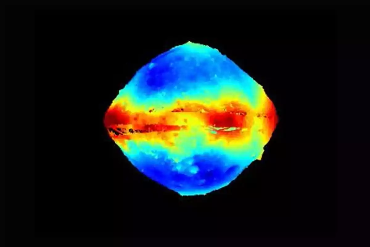 Image of a spherical object with thermal colors ranging from blue to red on a black background Image of a spherical object with thermal colors ranging from blue to red on a black background