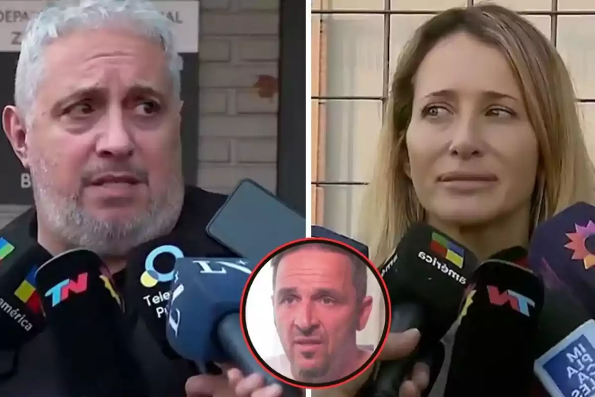 A man and a woman are interviewed by several media outlets while, in the center of the image, the face of another man appears framed in a red circle. A man and a woman are interviewed by several media outlets while, in the center of the image, the face of another man appears framed in a red circle.