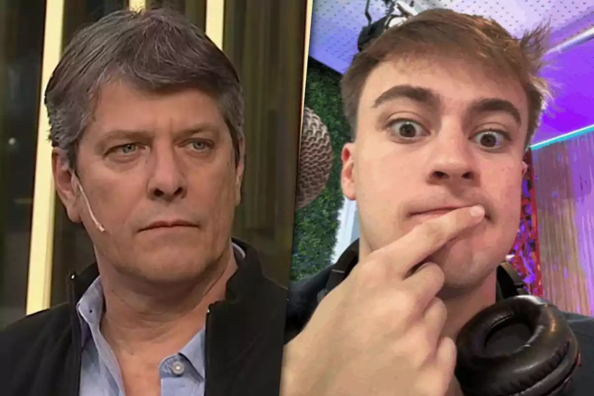 Two men appear in the image, one of them with a serious expression and the other making a thoughtful gesture with his fingers on his mouth and headphones around his neck.