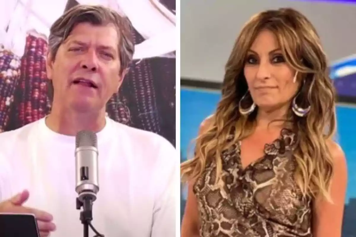 Un hombre con camisa blanca habla frente a un micrófono mientras una mujer con cabello largo y vestido estampado posa en un estudio de televisión