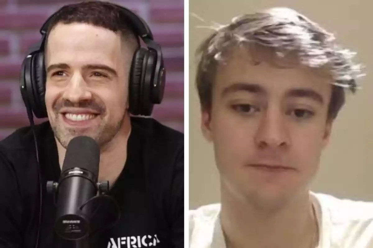 Two men appear in the image; one of them is wearing large headphones and smiling in front of a microphone, while the other has a serious expression and messy hair.