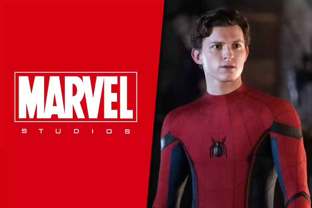 Marvel Studios logo next to a character in a Spider-Man suit