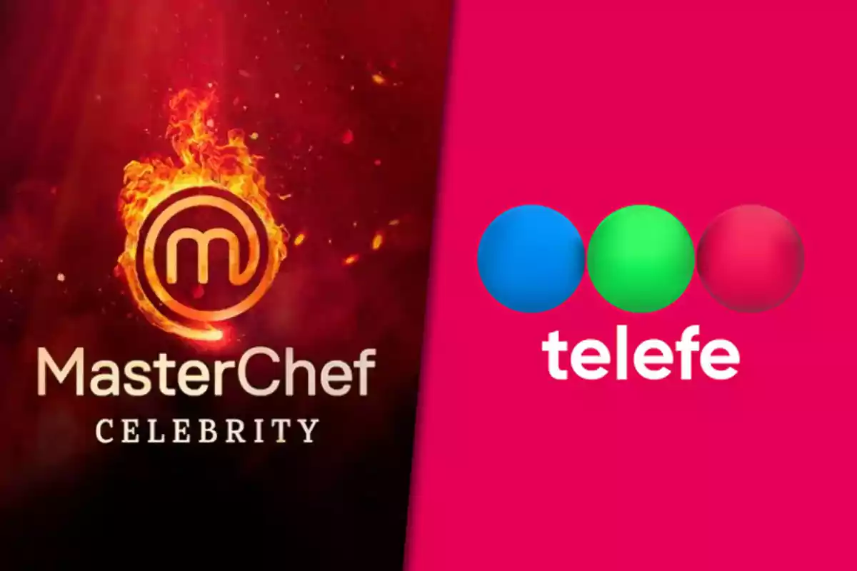 Logos de MasterChef Celebrity y Telefe juntos sobre un fondo dividido en rojo oscuro y fucsia