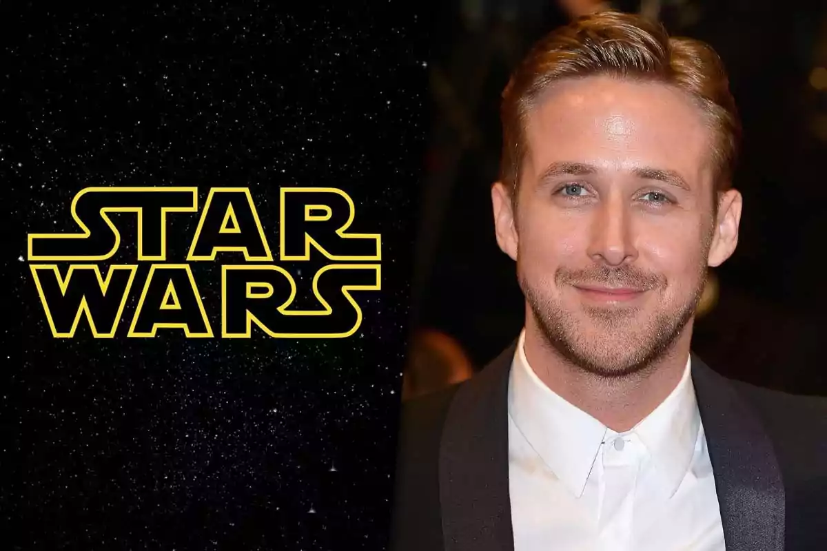 Logo de Star Wars junto a un hombre de cabello rubio y ojos claros vestido con traje oscuro y camisa blanca