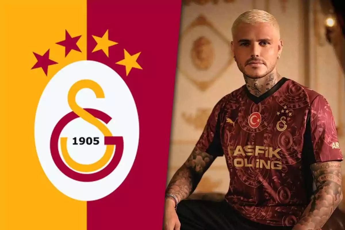 A man with blond hair and tattoos wears the Galatasaray uniform next to the club’s crest on a yellow and red background.