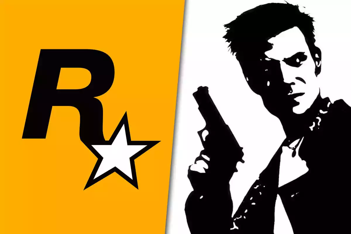 Logo de Rockstar Games a la izquierda y silueta de un hombre con pistola en blanco y negro a la derecha