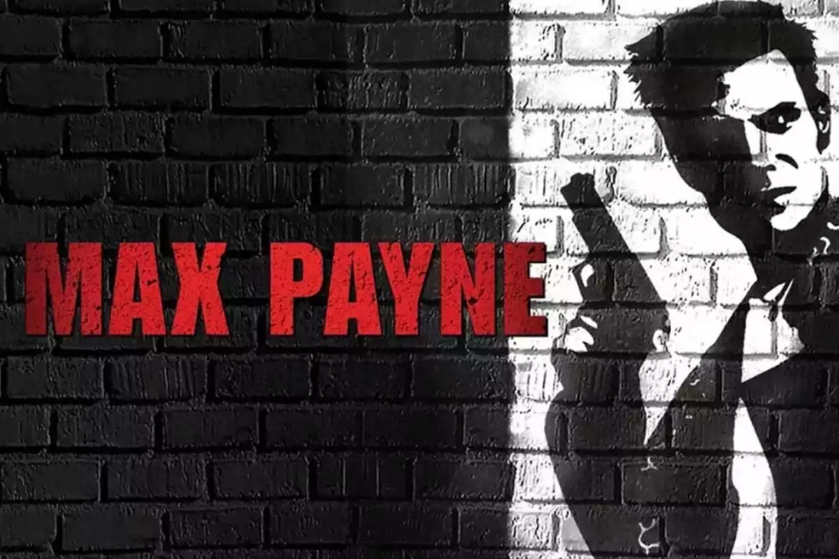 Pared de ladrillos con el nombre Max Payne en letras rojas y la silueta de un hombre sosteniendo una pistola pintada en blanco y negro