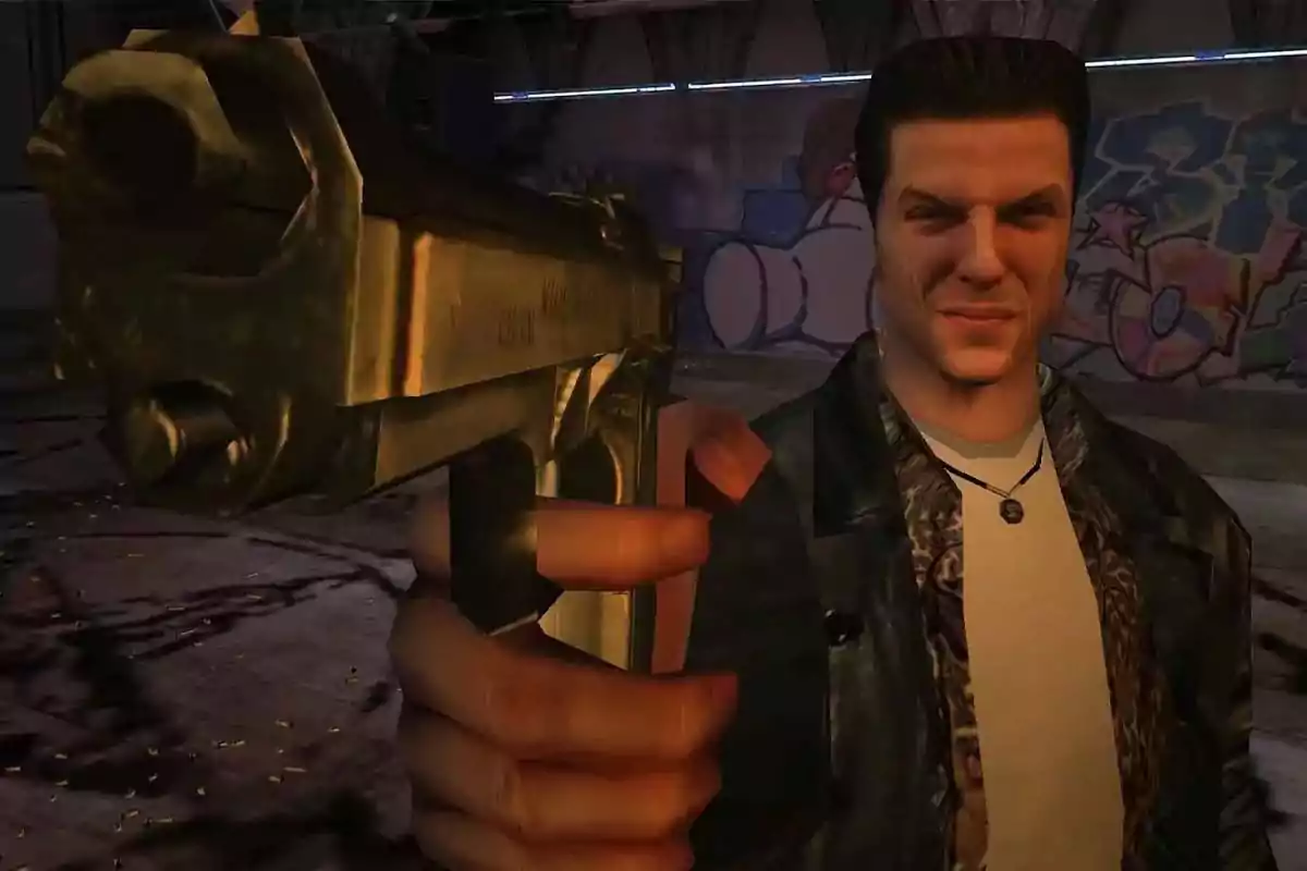 Hombre de videojuego apunta una pistola dorada hacia la cámara en un entorno urbano con grafitis de fondo