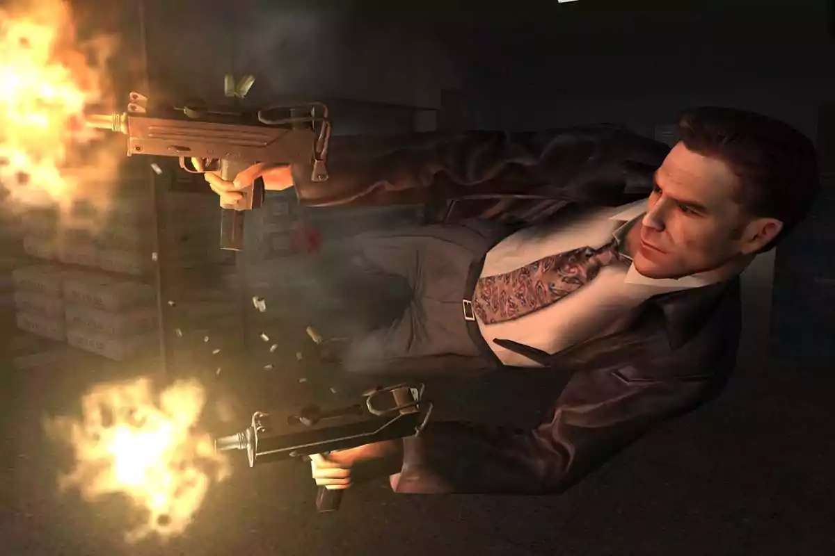 Hombre en traje disparando dos armas mientras salta en cámara lenta en una escena de acción de videojuego