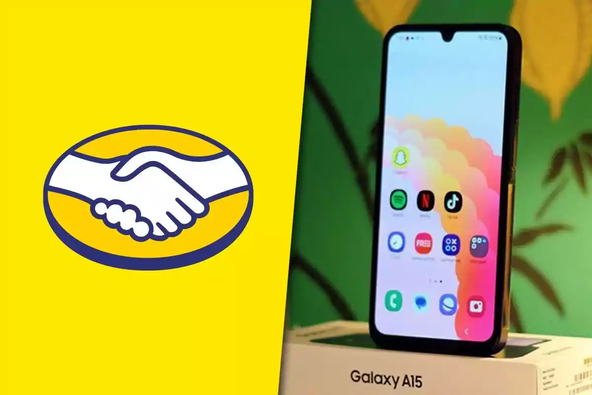 Mercado Libre logo next to a Samsung Galaxy A15 phone on its box