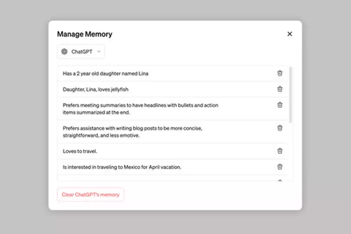 ChatGPT settings window displaying the memory management section with various notes about the user's preferences and personal data ChatGPT settings window displaying the memory management section with various notes about the user's preferences and personal data