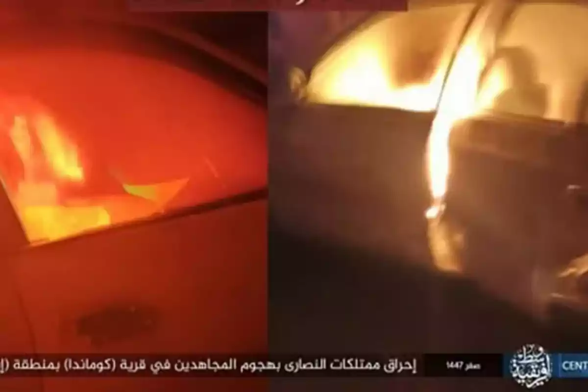 A car on fire seen from two different angles at night with an intense orange and yellow glow A car on fire seen from two different angles at night with an intense orange and yellow glow