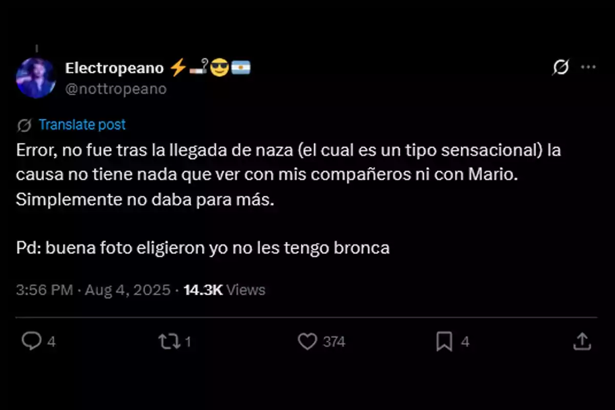 Captura de pantalla de un tuit de @nottropeano aclarando que su salida no fue por la llegada de otra persona y que no tiene problemas con sus compañeros ni con Mario, además menciona que eligieron una buena foto y que no guarda rencor. Captura de pantalla de un tuit de @nottropeano aclarando que su salida no fue por la llegada de otra persona y que no tiene problemas con sus compañeros ni con Mario, además menciona que eligieron una buena foto y que no guarda rencor.