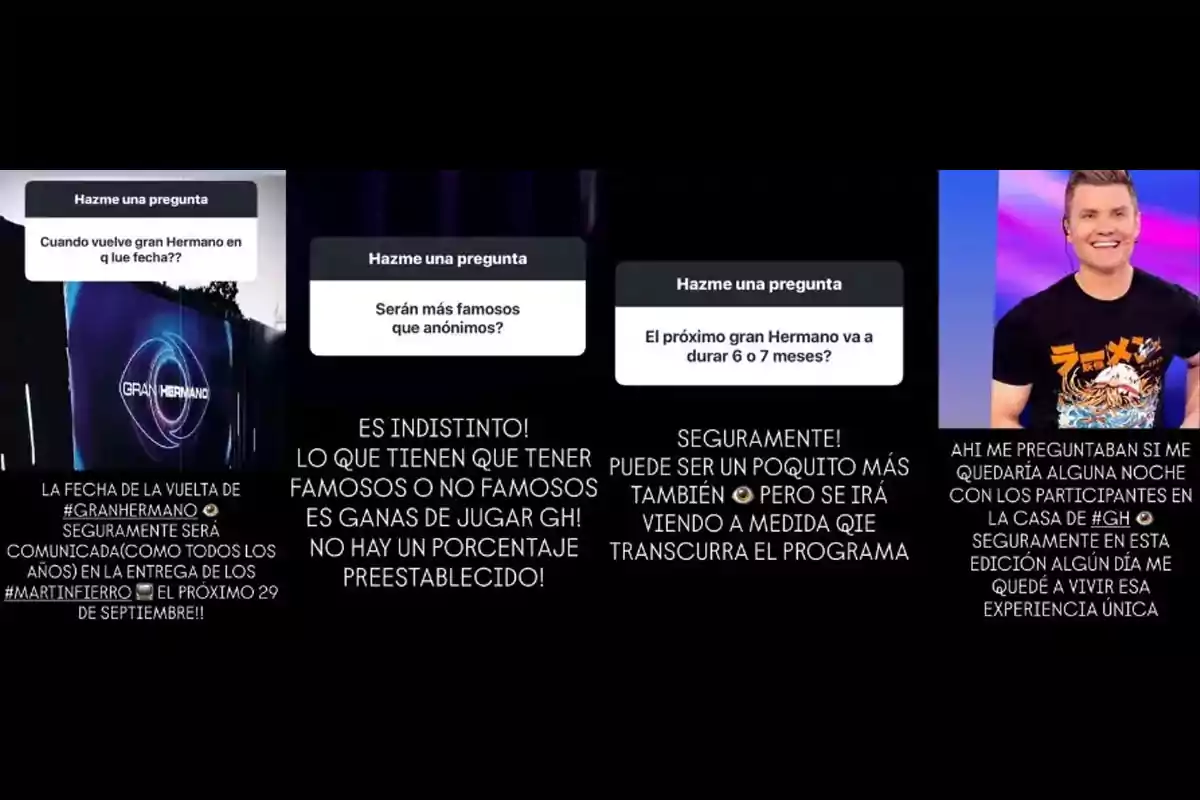 Imagen con varias preguntas y respuestas sobre el regreso del programa Gran Hermano, incluyendo información sobre la fecha de anuncio, la posible duración de la próxima edición, la participación de famosos y anónimos, y una foto de un conductor sonriendo. Imagen con varias preguntas y respuestas sobre el regreso del programa Gran Hermano, incluyendo información sobre la fecha de anuncio, la posible duración de la próxima edición, la participación de famosos y anónimos, y una foto de un conductor sonriendo.