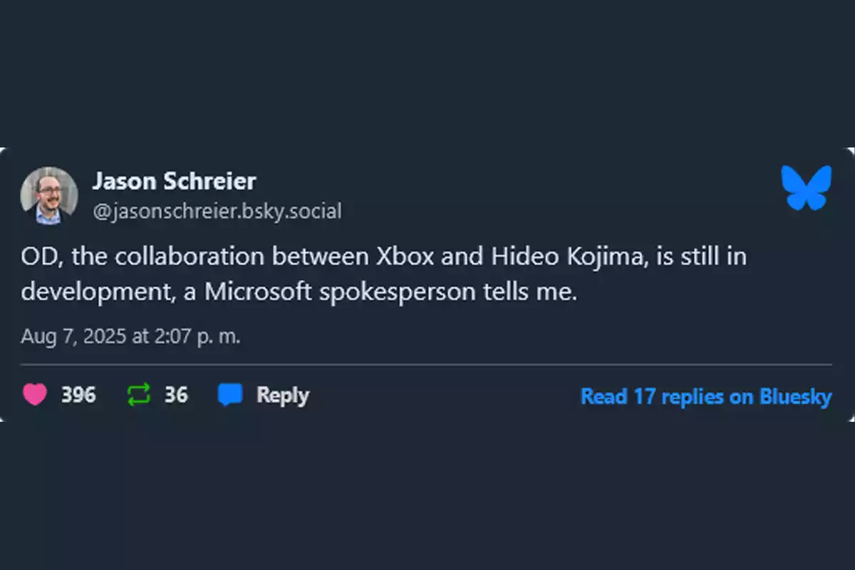 Jason Schreier’s post reporting that the game OD, a collaboration between Xbox and Hideo Kojima, is still in development according to a Microsoft spokesperson, dated August 7, 2025, and showing reactions and responses on the platform. Jason Schreier’s post reporting that the game OD, a collaboration between Xbox and Hideo Kojima, is still in development according to a Microsoft spokesperson, dated August 7, 2025, and showing reactions and responses on the platform.