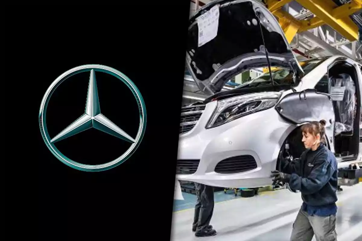 Mercedes-Benz logo next to a worker assembling a car in a factory