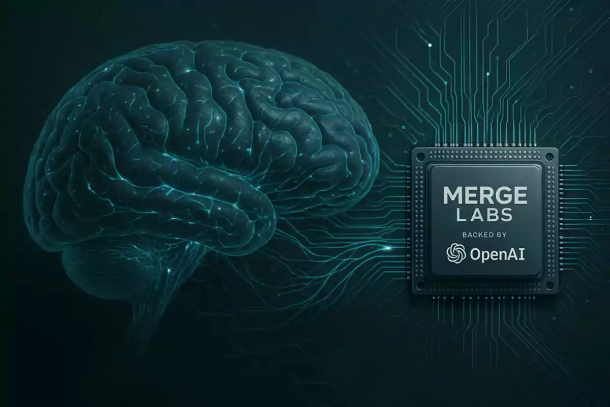 Ilustración de un cerebro humano conectado visualmente a un microchip con el texto Merge Labs backed by OpenAI, representando la relación entre inteligencia artificial y el cerebro humano. Ilustración de un cerebro humano conectado visualmente a un microchip con el texto Merge Labs backed by OpenAI, representando la relación entre inteligencia artificial y el cerebro humano.