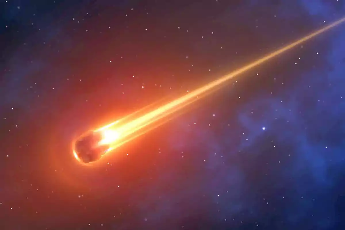 Un meteorito brillante cruza el cielo estrellado dejando una estela luminosa. Un meteorito brillante cruza el cielo estrellado dejando una estela luminosa.
