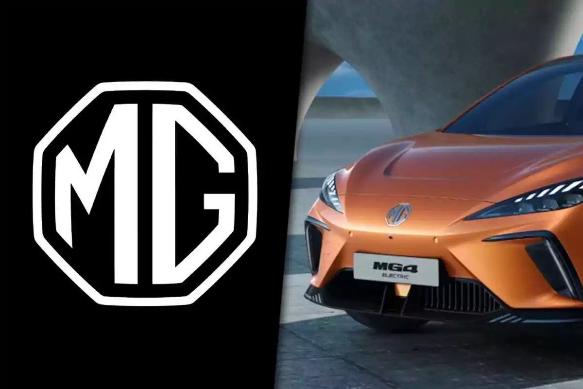 MG logo on the left and the front part of an orange MG4 electric car on the right