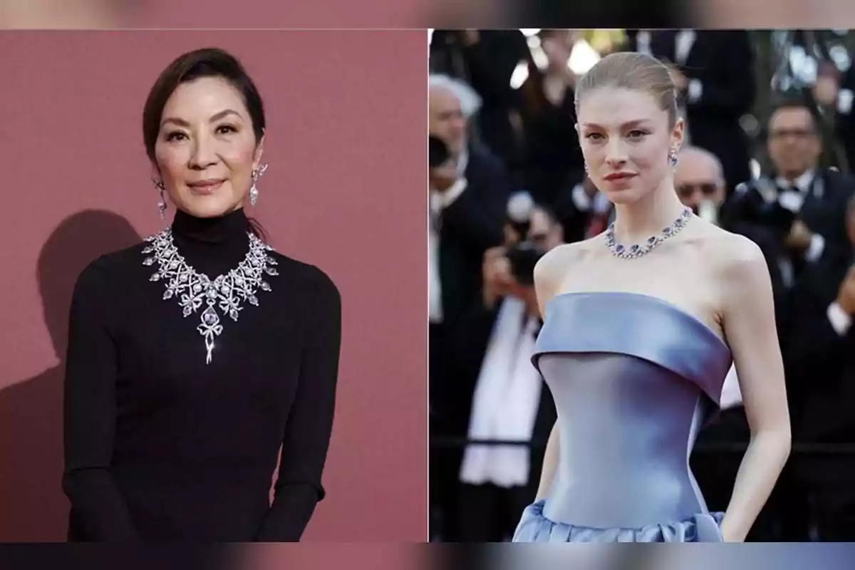 Dos mujeres posan elegantemente, una con un vestido negro de cuello alto y un llamativo collar de joyas, la otra con un vestido azul strapless y un collar de piedras azules, ambas en eventos formales. Dos mujeres posan elegantemente, una con un vestido negro de cuello alto y un llamativo collar de joyas, la otra con un vestido azul strapless y un collar de piedras azules, ambas en eventos formales.