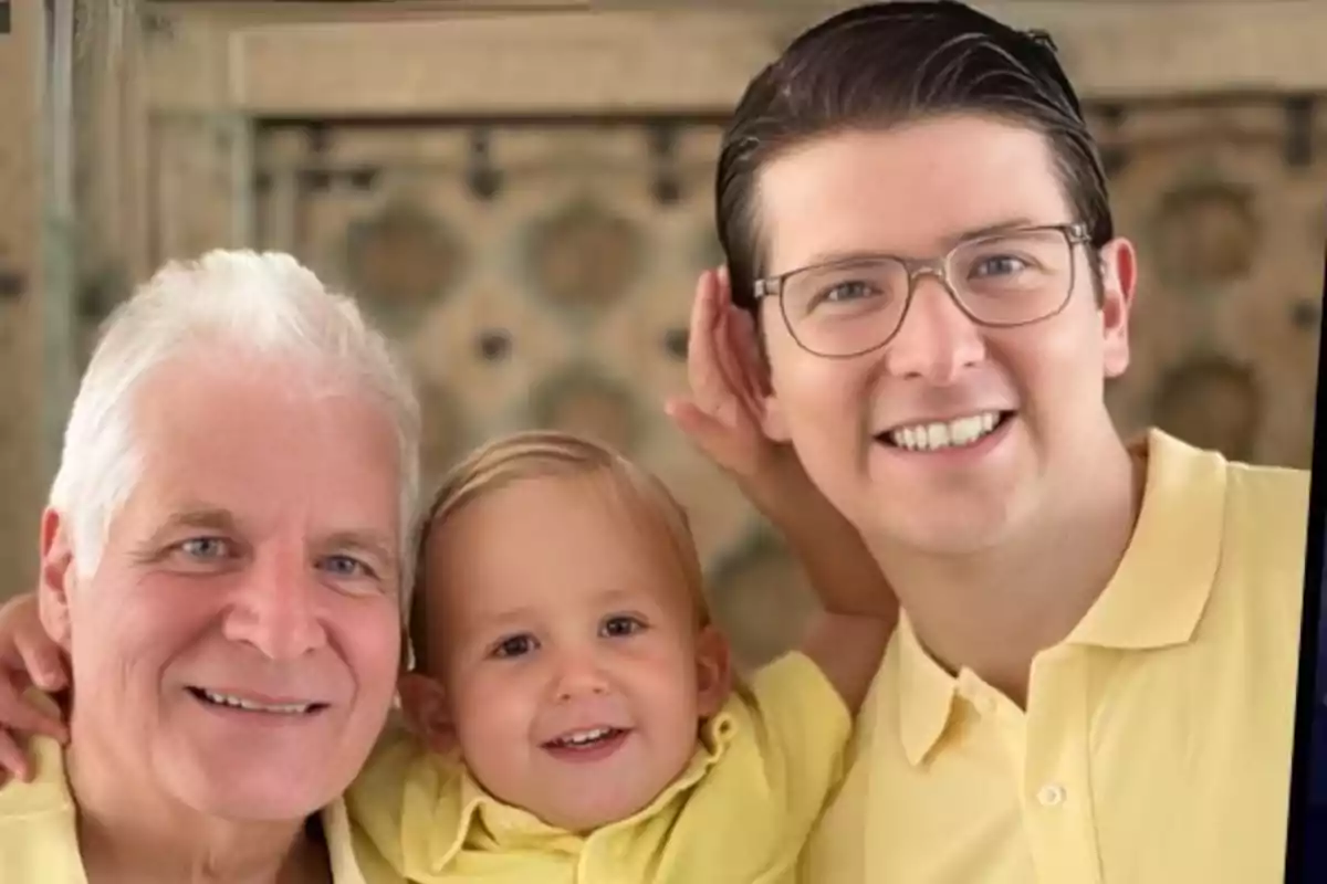 Three generations of a family smile together wearing yellow jerseys. Three generations of a family smile together wearing yellow jerseys.