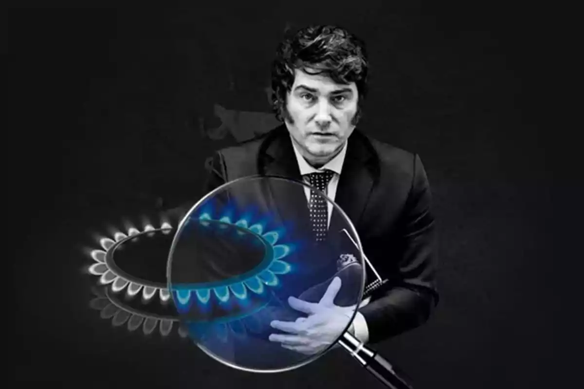 Man in a dark suit with a serious expression holds a magnifying glass that enlarges the image of a lit gas burner against a black background