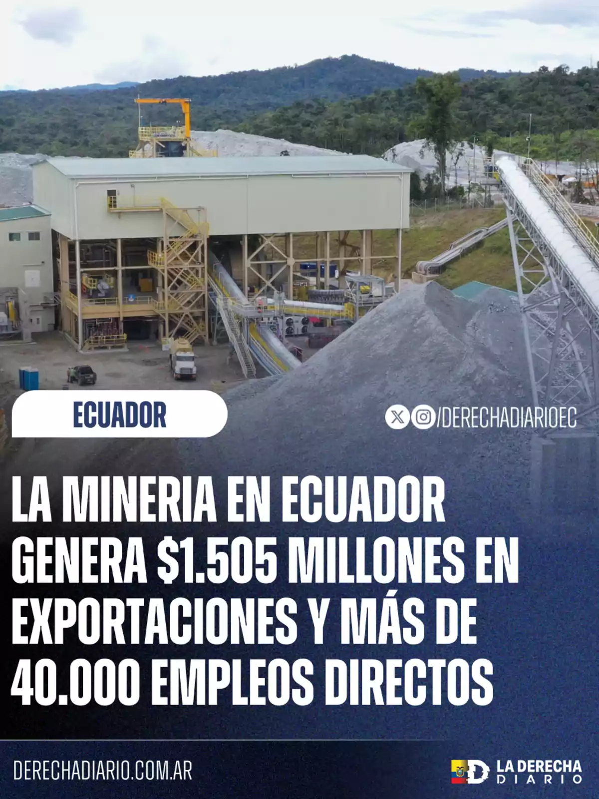 Vista de una planta minera en Ecuador con montañas al fondo y un mensaje que destaca el impacto económico y laboral de la minería en el país