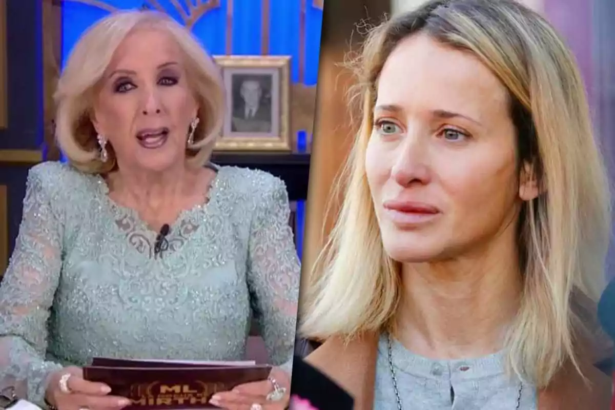 Two blonde women appear in the image; one of them is dressed elegantly and seems to be on a television show, while the other has a serious expression and is outdoors.