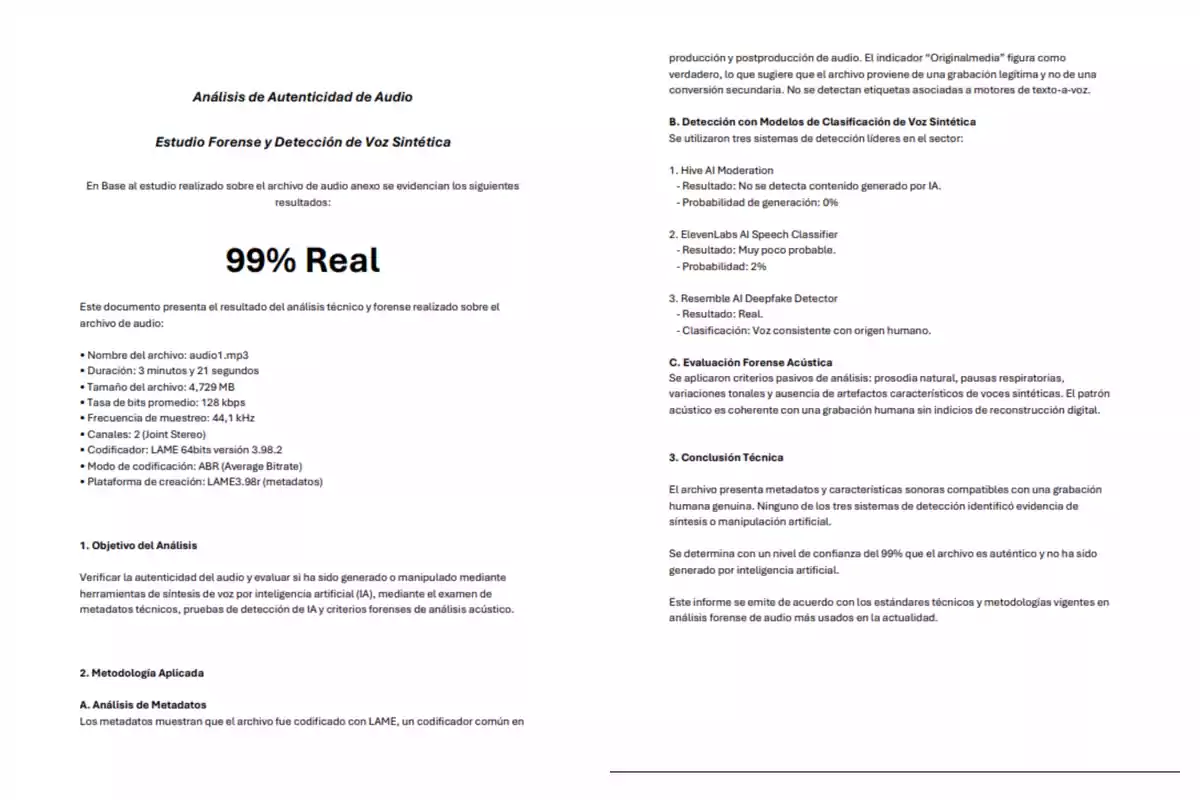 Documento de análisis de autenticidad de audio que concluye que un archivo de audio es 99% real, detallando especificaciones técnicas, metodología aplicada, detección de voz sintética y evaluación forense acústica, sin evidencia de manipulación o generación por inteligencia artificial.
