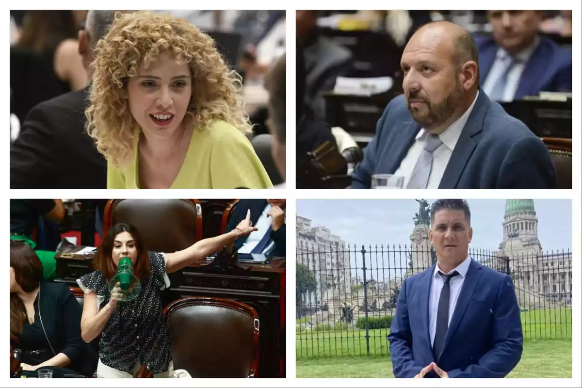 Four people in different situations related to the Argentine Congress, two indoors during a session and two outdoors in front of the Congress building.
