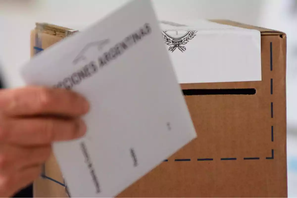 Person inserting a ballot envelope into a cardboard ballot box during elections in Argentina Person inserting a ballot envelope into a cardboard ballot box during elections in Argentina